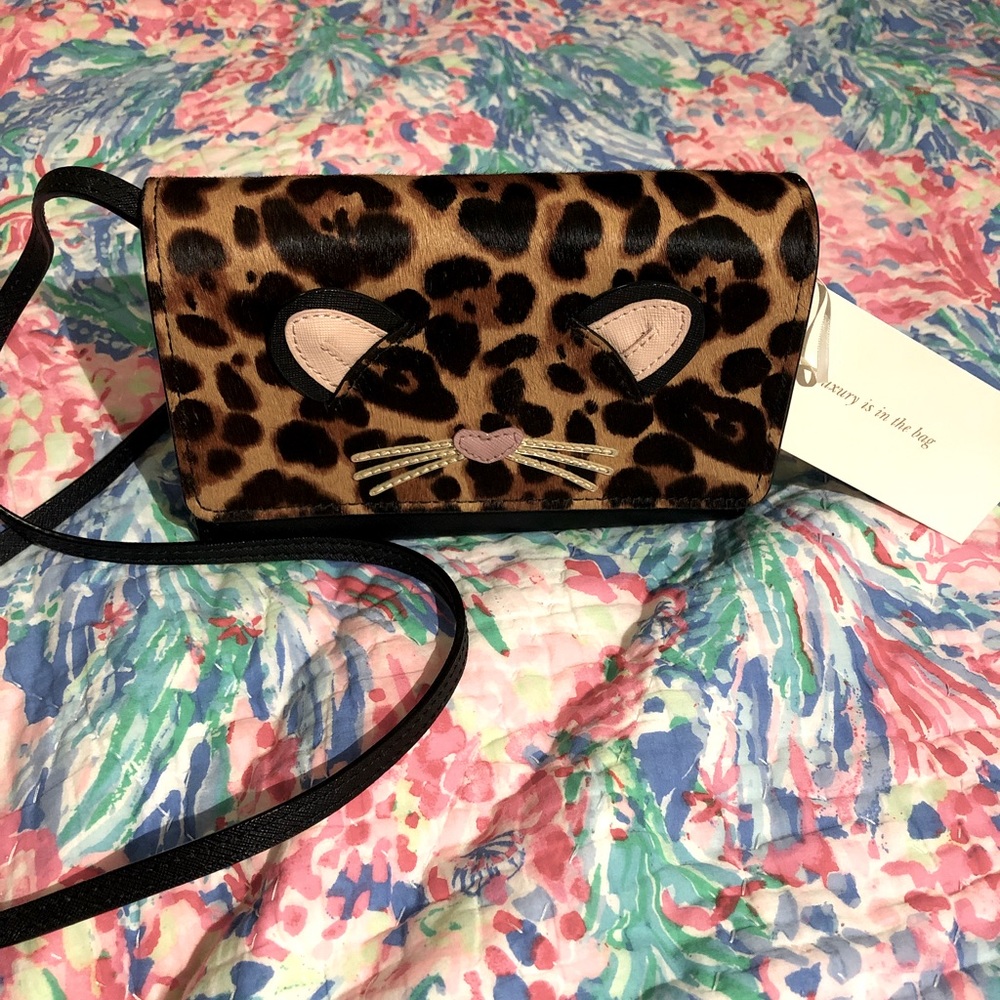 Kate Spade Run Wild Leopard Cat Multicolor Luxe Haircalf Cross Body Bag 😺